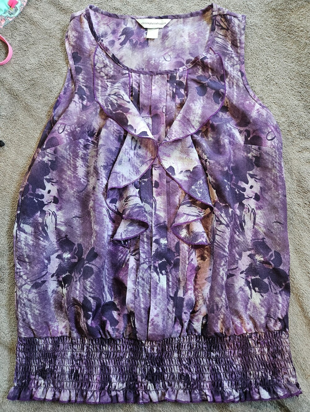 Christopher & Banks Purple Floral Ruffle Sleeveless Blouse - Small